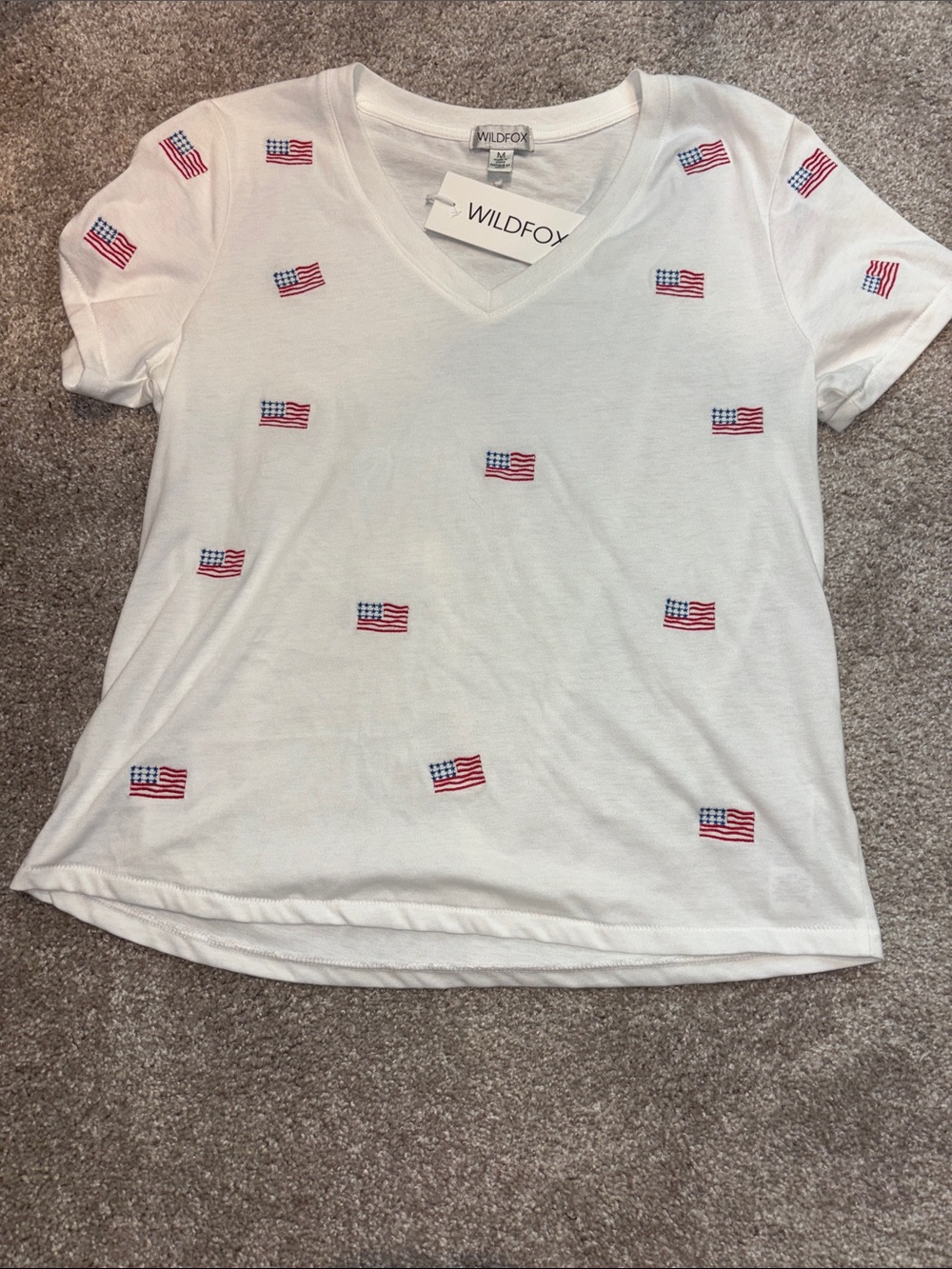 Wildfox White V-Neck Tee with Red and Blue Flag Embroidery